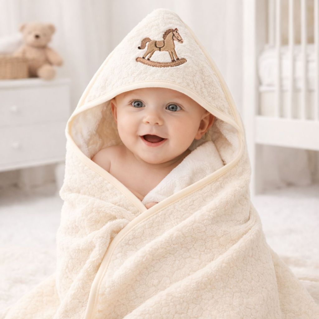Toalha De Banho Bebe Com Capuz Bordado Cavalinho ou Completo Com Fraldinha De Boca Babinha Enxoval