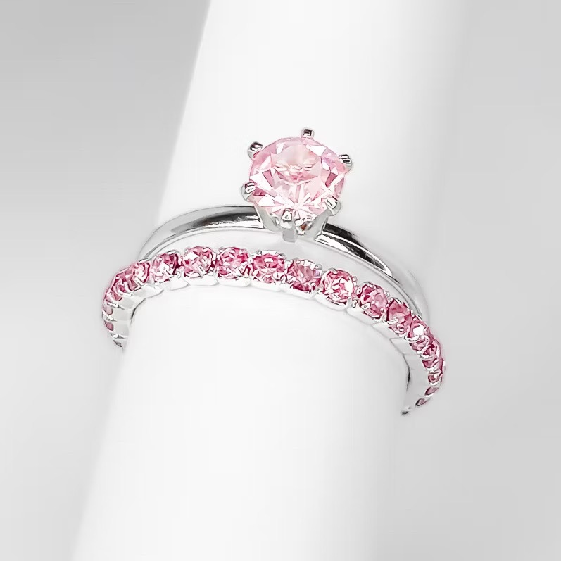Anel Duplo Feminino Luxo Pedra Rosa – Semijoia Ouro 18K ou Prata | 2 Peças para Usar Separadas