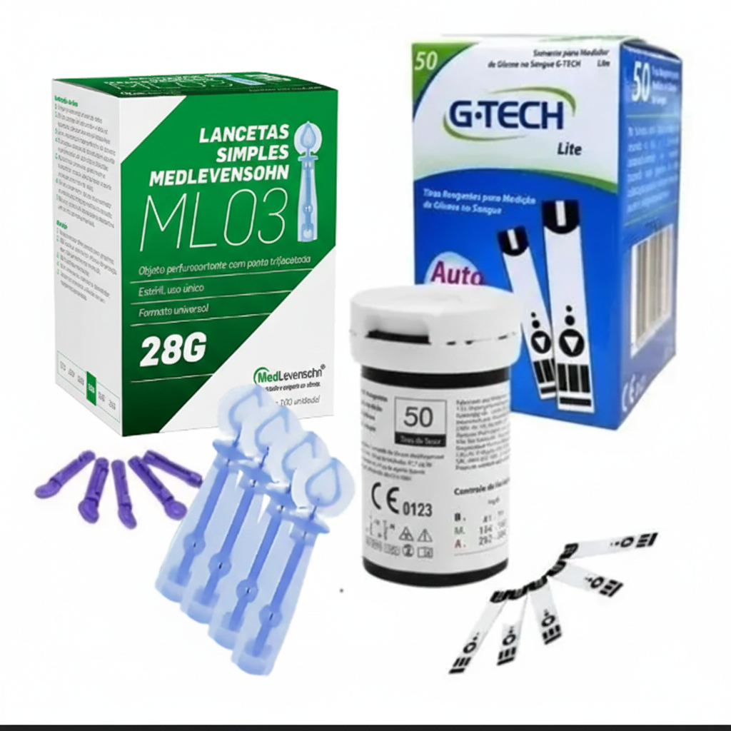 KIT 50 TIRAS REAGENTES DE GLICOSE G-TECH LITE PARA MEDIR GLICEMIA + 100 LANCETAS