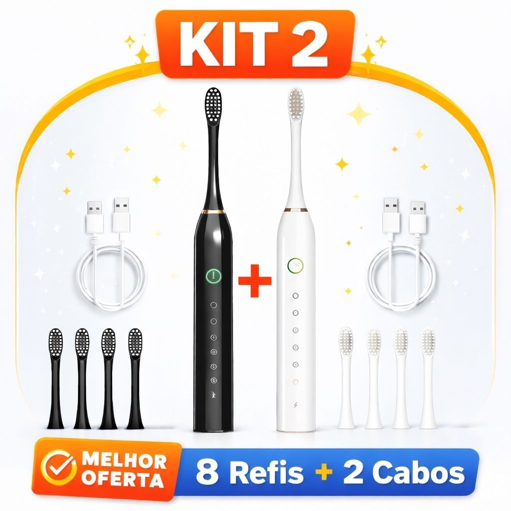 Kit Escova de Dente Elétrica 2 Unidades | IPX7 À Prova dÁgua + 7 Modos + 8 Cabeças | Recarregável Ns