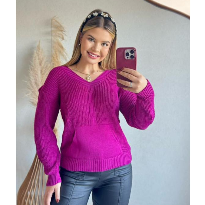 Suéter Blusa trança com bolso em tricot manga comprida VANESSA inverno tricô moda feminina blogueira