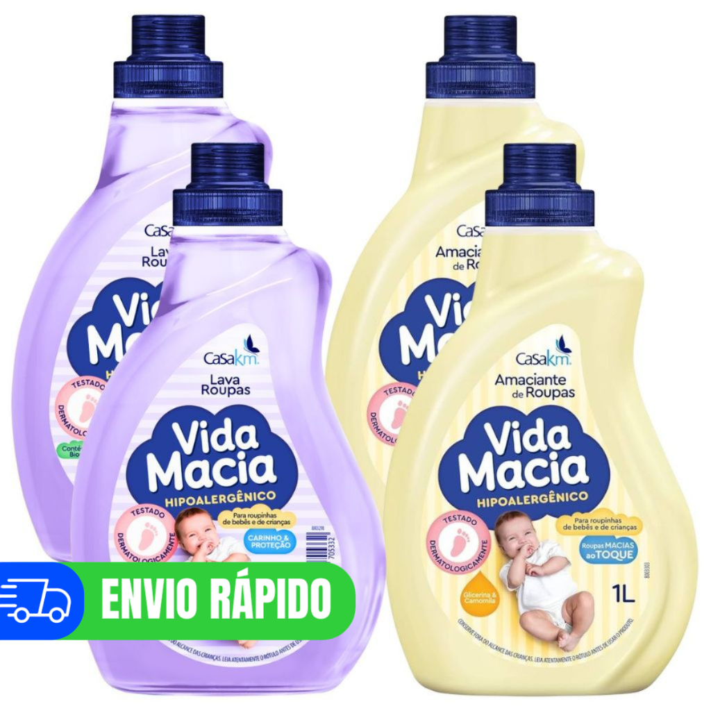 Kit 2 Lava Roupas de Bebê Vida Macia e Amaciante 1 Litro