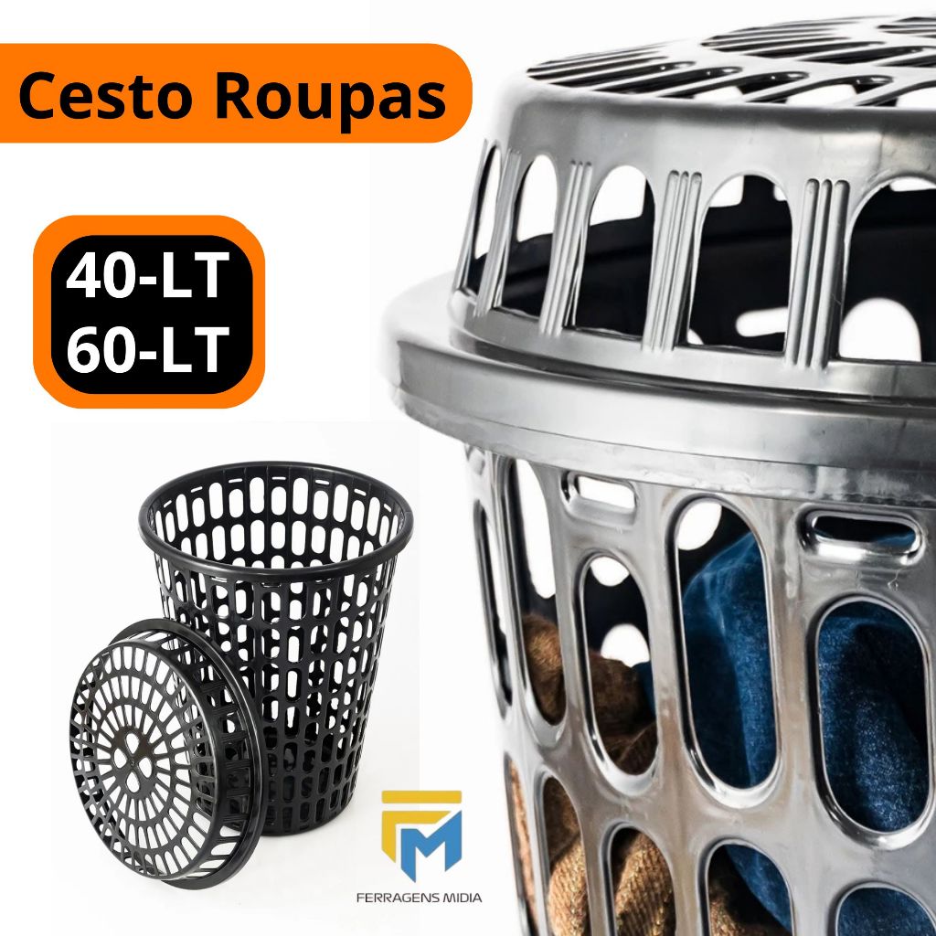 Cesto de Roupas 40 ou 60 Litros Telado Redondo Com Tampa