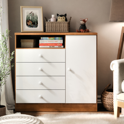 Cômoda Petit Organizadora Infantil Branco Nature c/ 4 Gavetas 1 Porta Nicho p/ Quarto - Blue Moby