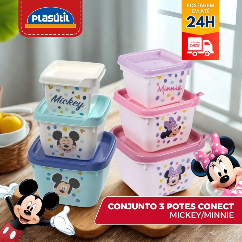 Conjunto Kit 3 Potes C/ Tampa Infantil Marmitas Lanches Disney Potinhos Frutas Lancheira