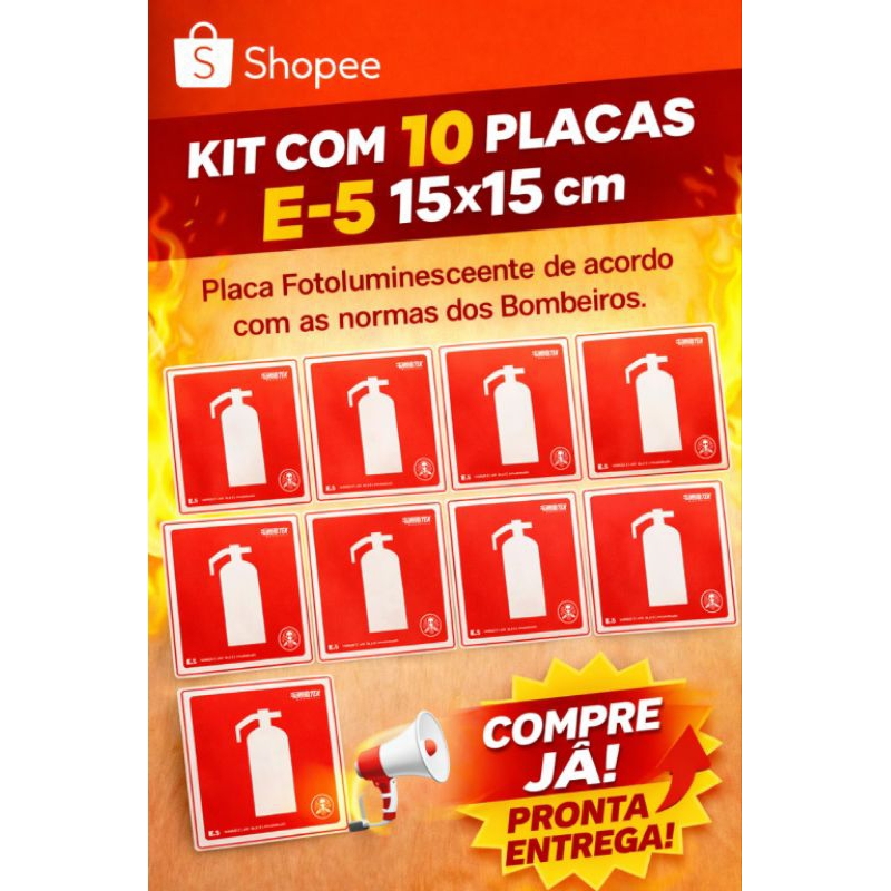 Kit 10 placas de extintor universal E-5 15x15cm. Placa Fotoluminescente de acordo com as normas dos Bombeiros.
