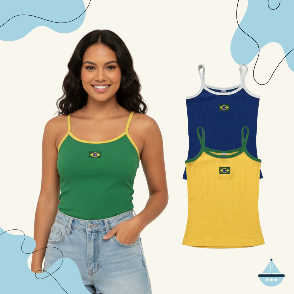 Kit 2 Regata Juvenil Feminina Brasil Blusinha Alcinha Algodão Verão Praia Copa do Mundo Futebol Jogo