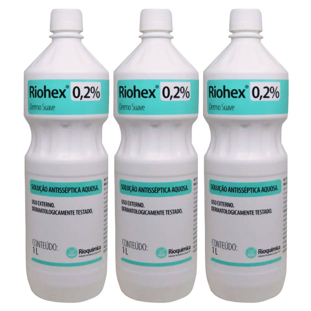 Kit 3 Clorexidina 0,2% Aquosa 1L Riohex Rioquímica Antisséptico Higiene Pele
