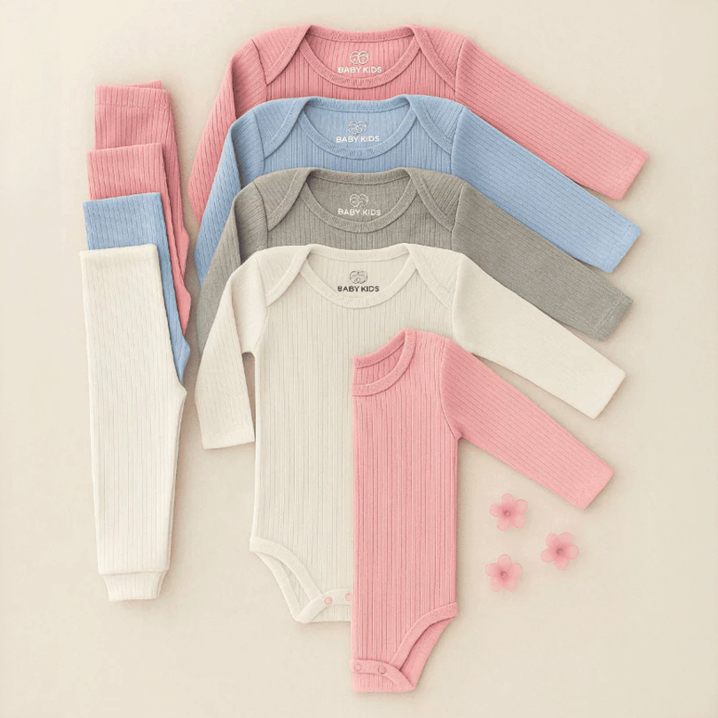 Kit 6 Peças Conjunto Body Manga Longa Canelado + Mijão Liso Canelado 100% Algodão Bebê Infantil RN