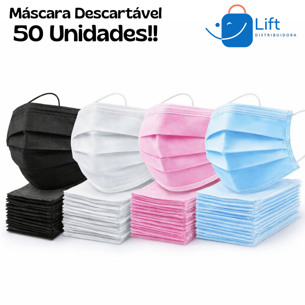 Máscara Descartável 50 Un Tripla Camada Adulto Com Clipe Nasal