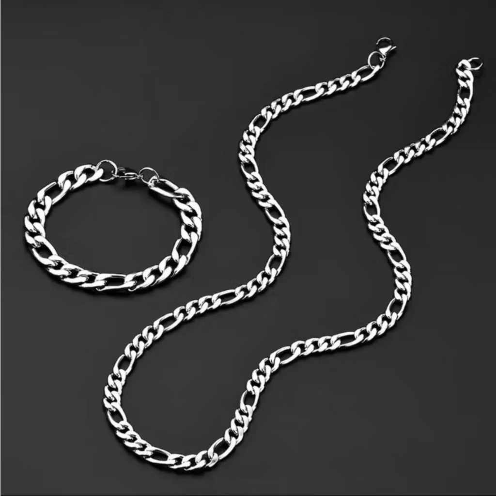 Kit Conjunto Corrente + Pulseira cordão Masculino 60cm 3×1 Aço Inox Prata