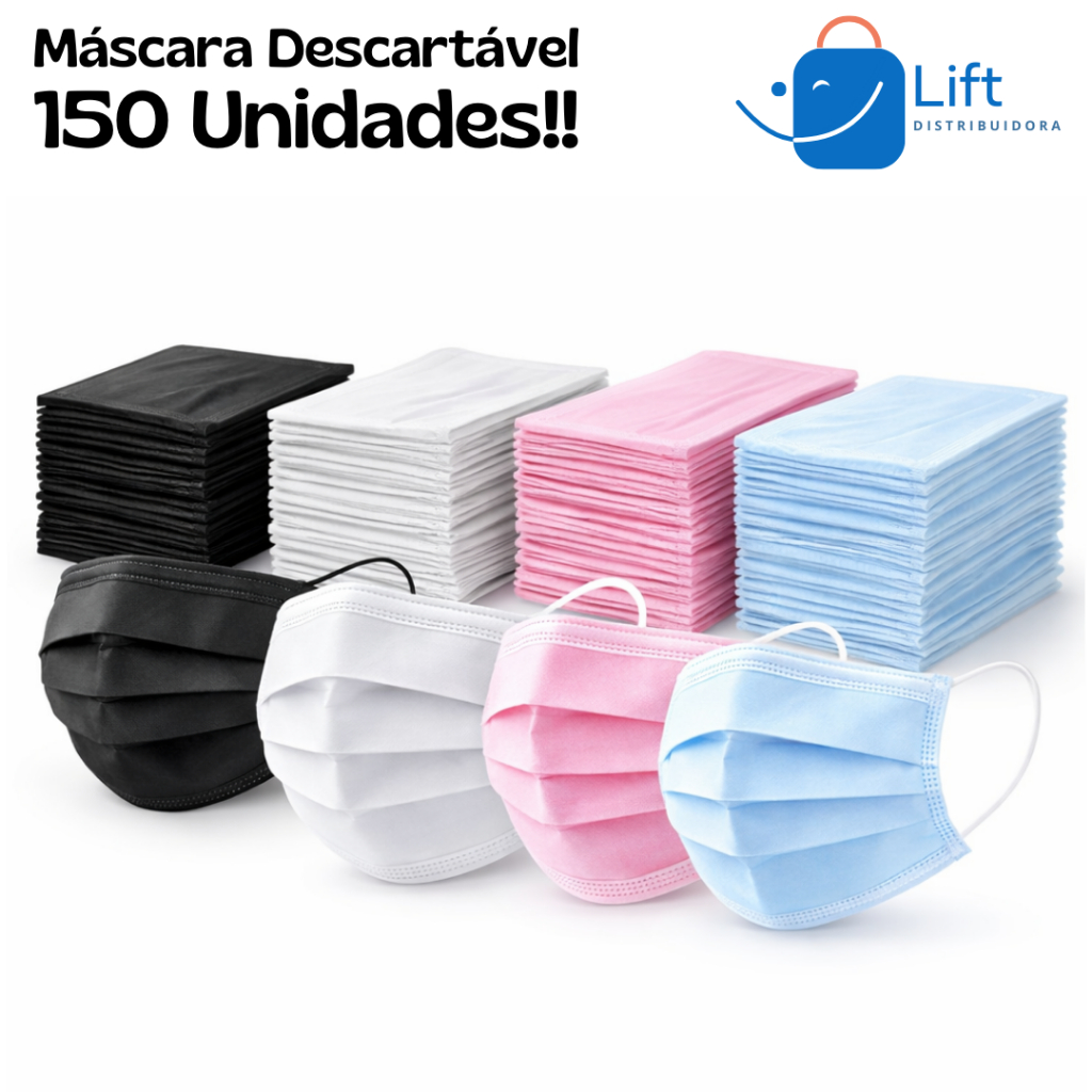 Máscara Descartáveis 150 und Tripla Camada Com Clipe Nasal - Diversas Cores