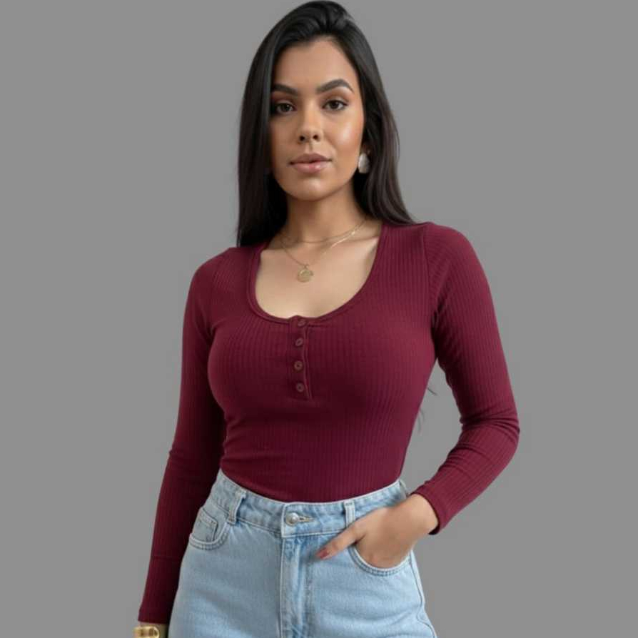 Blusa Básica Frio Canelada Feminina Gola Redonda Botões Funcionais Suéter Manga Longa Casual