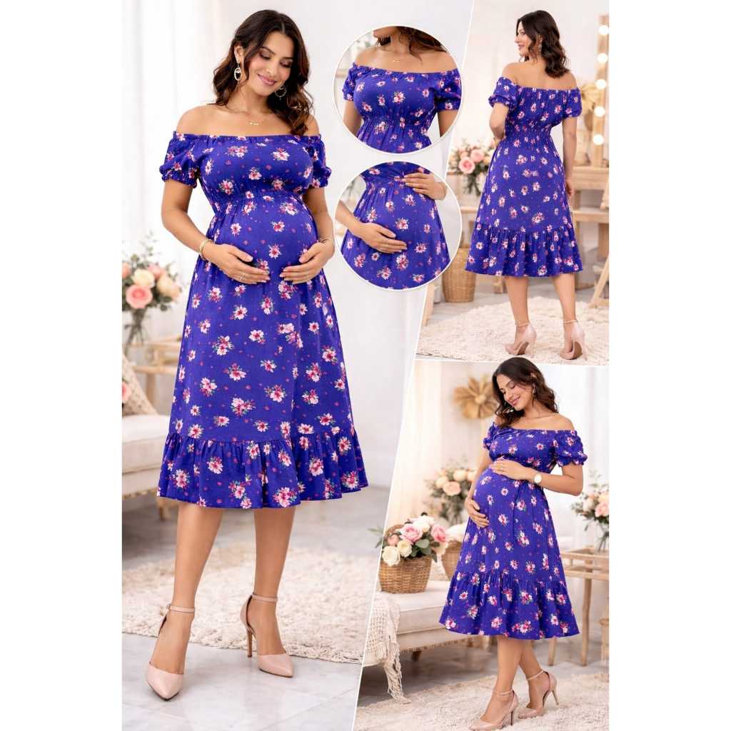 Vestido Gestante Floral Midi Ombro a Ombro Moda Evangélica Feminino Soltinho Rodado Confortável Gravidez Ensaio Gestante