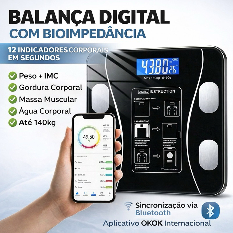 Balança Digital Inteligente Bioimpedância Bluetooth Aplicativo Visor LCD Premiun Peso Medida Gordura
