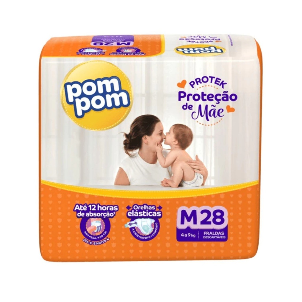 Fralda Descartável PomPom Derma Protek | Tamanho M | 28 unidades | 4–9 kg | Alta Absorção até 12h