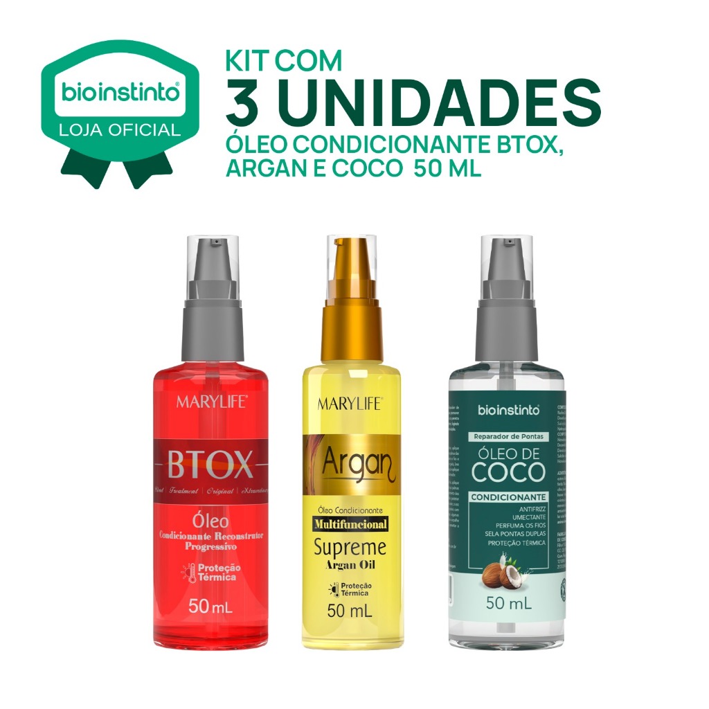 3 Óleos - Supreme argan 50ml Mary Life + Óleo Btox 50ml Mary Life + Óleo de Coco 50ml Bio Instinto