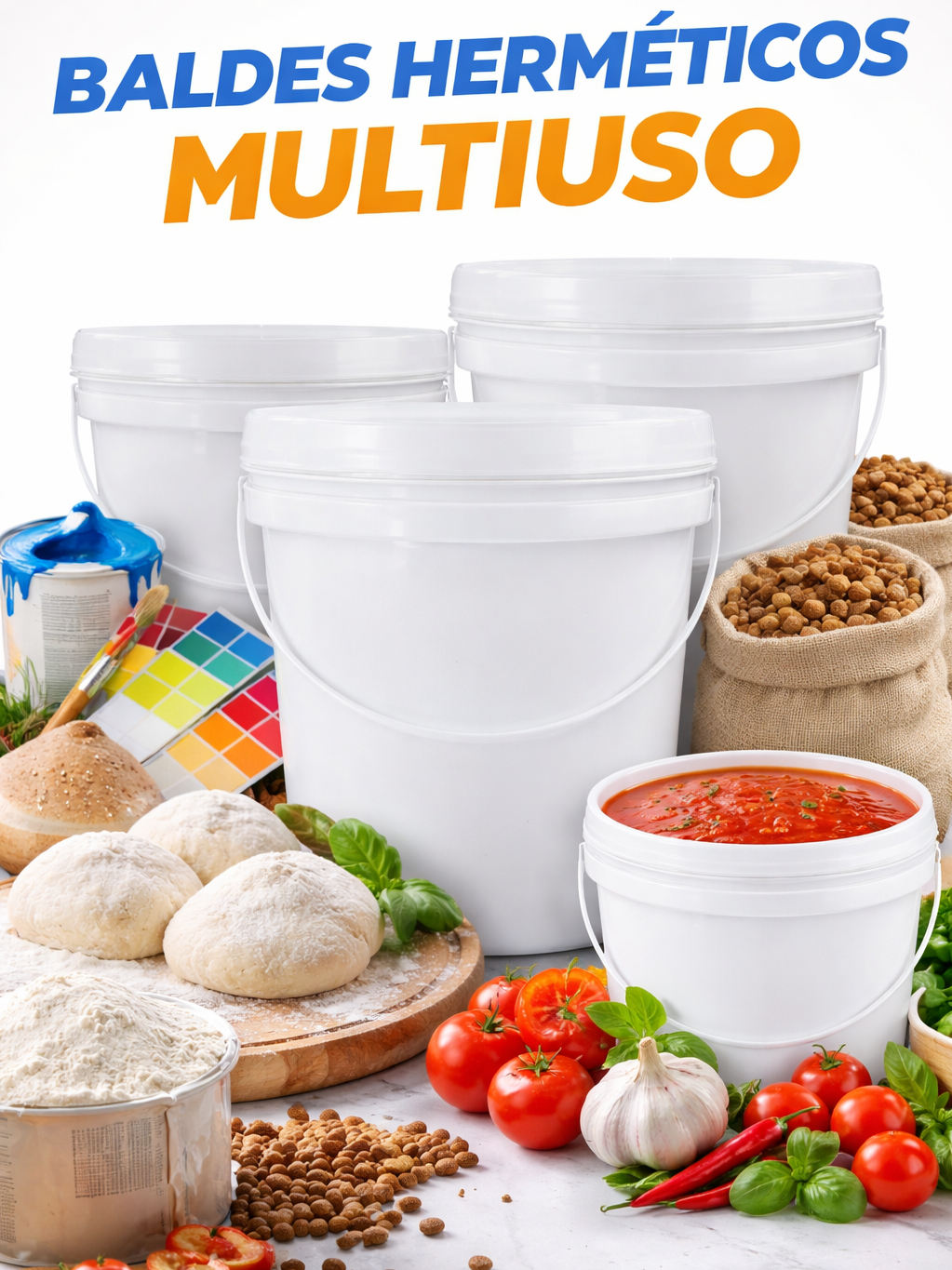 Kit 2 Baldes Plástico Atóxico 5L Alimentício com Tampa Hermética + Alça Reforçada