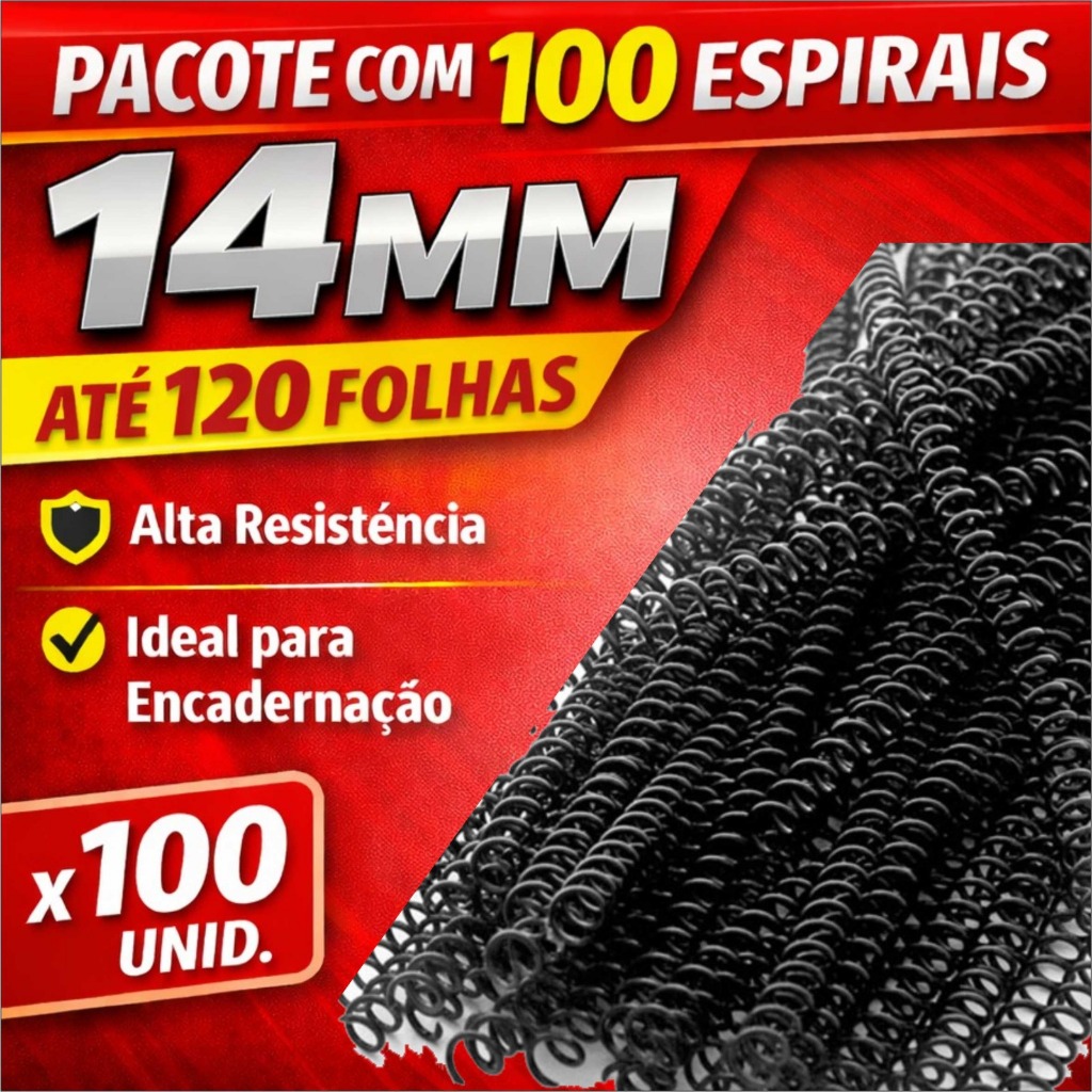 Espiral 14mm para Encadernação – Pacote com 100 Unidades – Até 100 Folhas – Preto