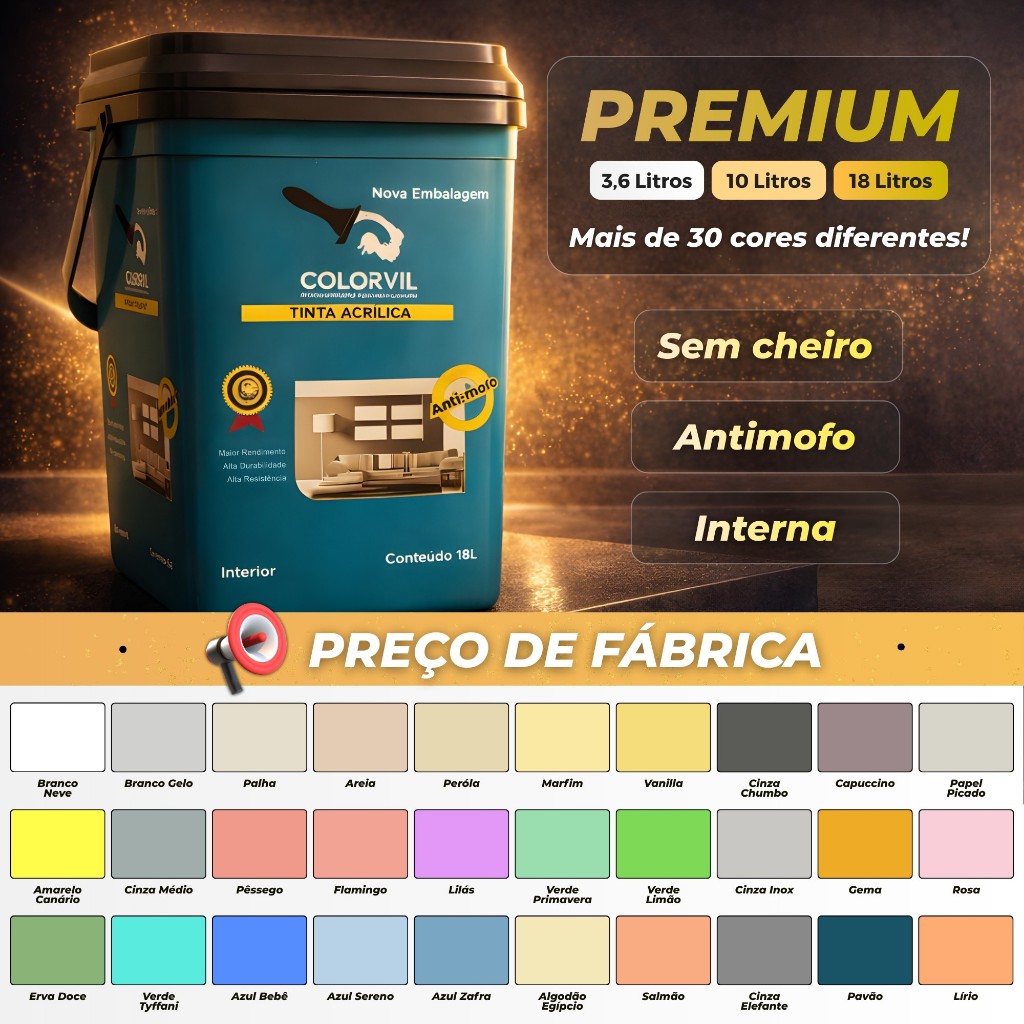 Tinta Parede Acrílica 18 10 3,6 litros Colorvil Sem Cheiro Anti-mofo Maior rendimento Alta Cobertura