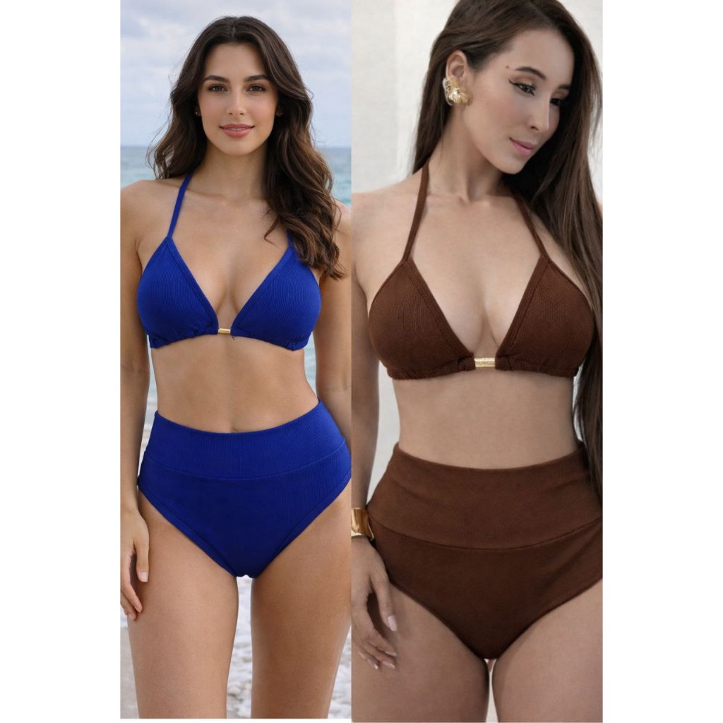 kits Conjunto de Biquíni Feminino Cortininha com Bojo e  Cintura Alta Modeladora