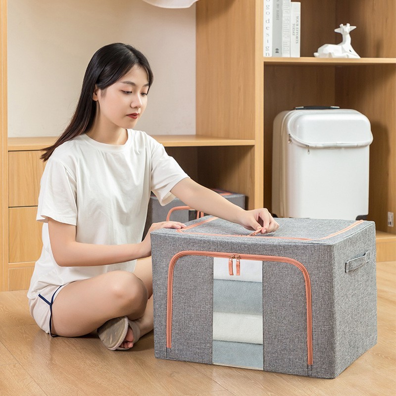 KIT 24/ 66L / 100L Organizador de roupas dobrável com zíper multifuncional de algodão e linho