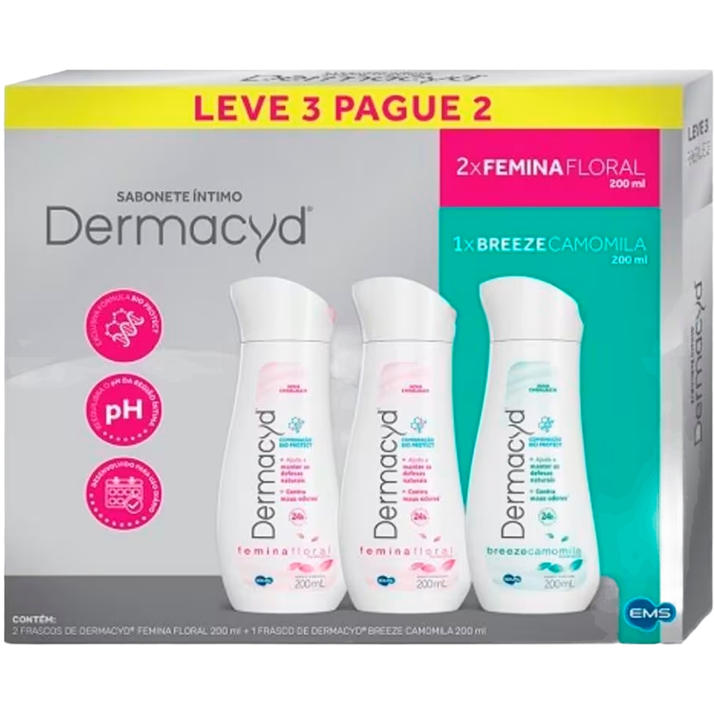 Sabonete Intimo Dermacyd kit leve 3 pague 2 Floral e Breeze camomila 200 cada