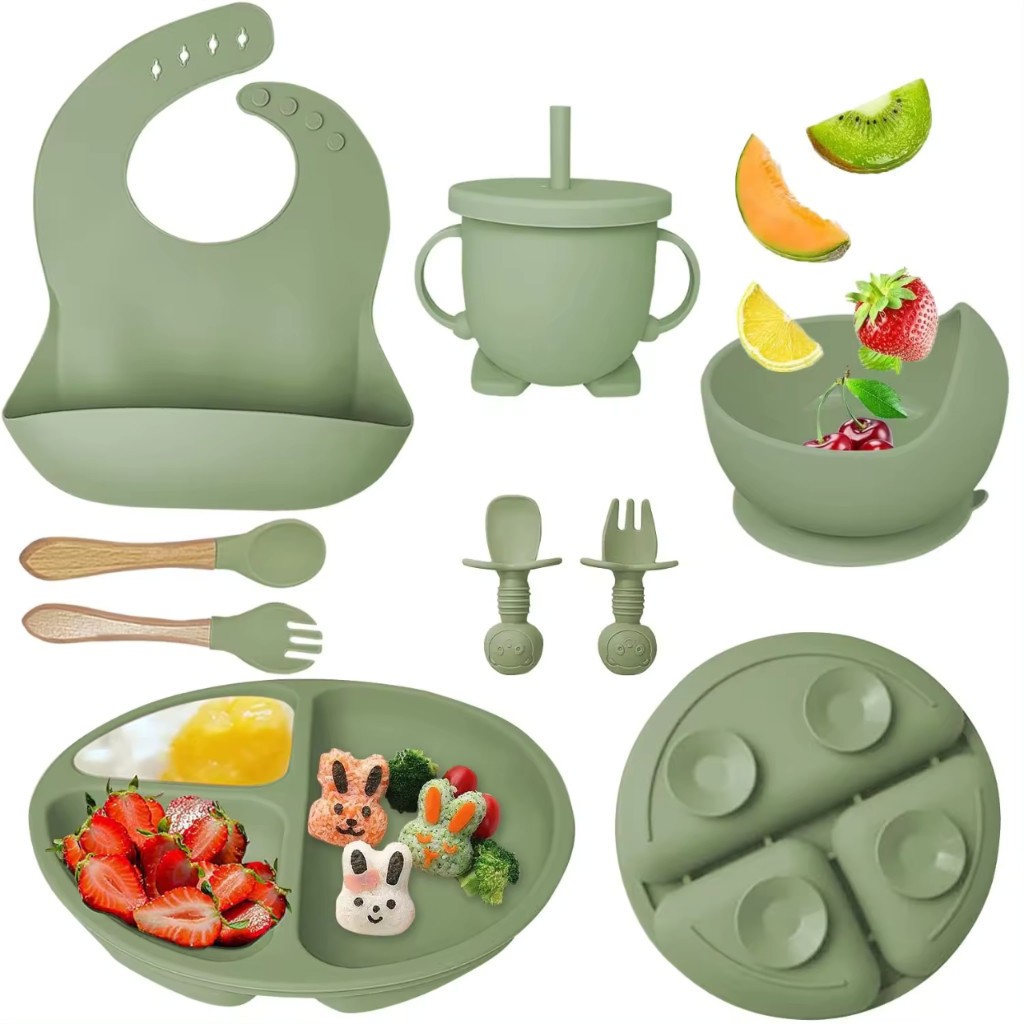 NOVO 2025 Conjunto De Louça De Silicone Para Bebês Tigela De Jantar Sippy Cup Bibs Colher De Garfo BPA Jogo Alimentação