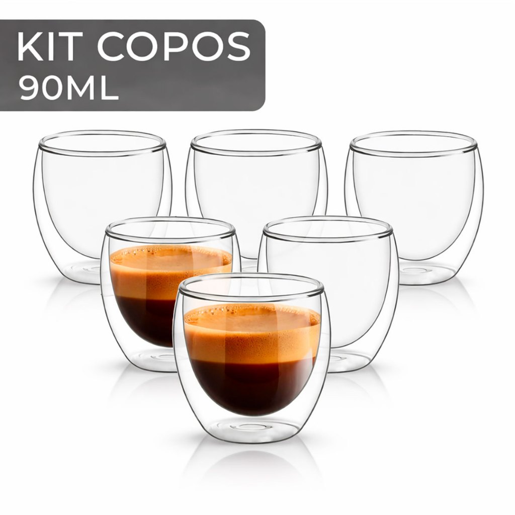Kit 6 Copos Vidro Parede Dupla 90ml Café Isolamento Térmico Shot Dose Chá Expresso