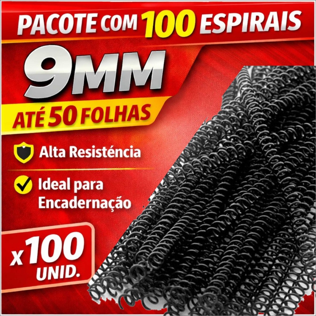 Espiral 9mm para Encadernação – Pacote com 100 Unidades – Até 50 Folhas – Preto