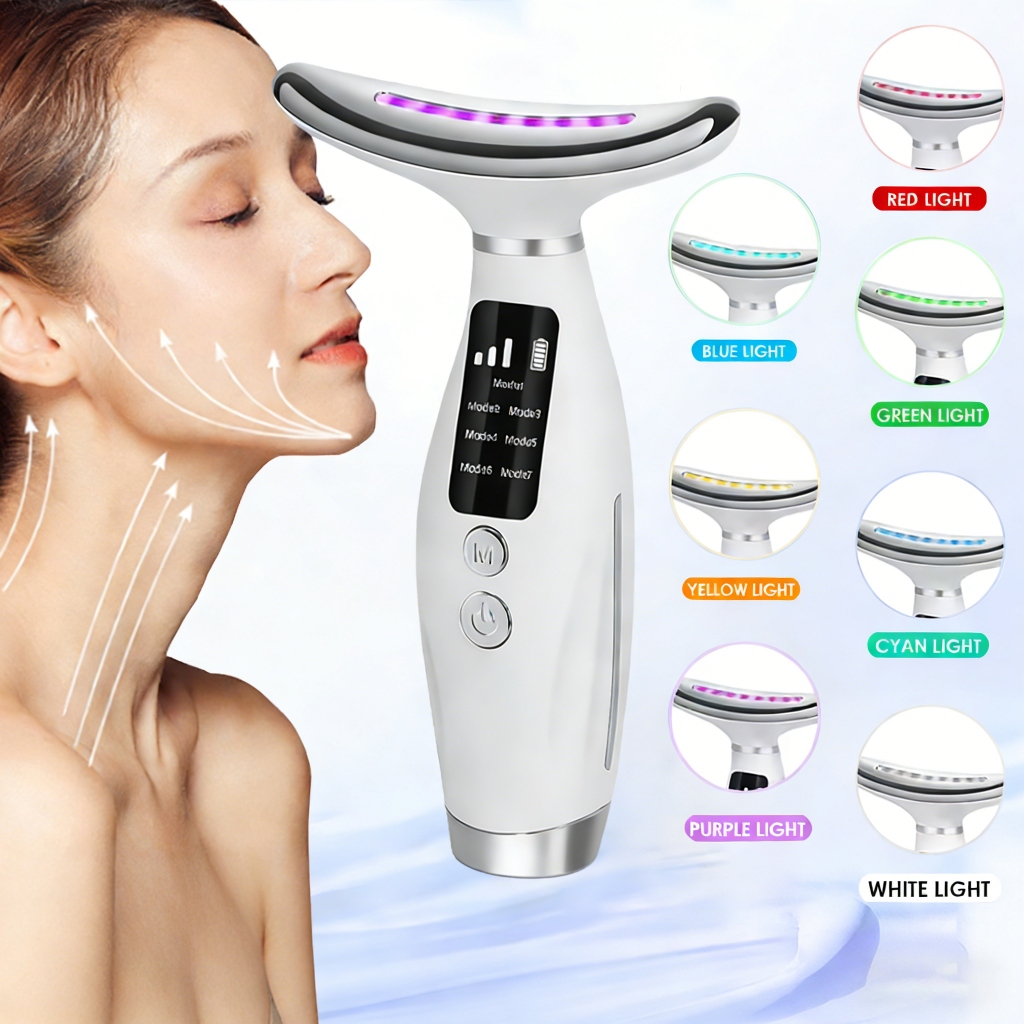 Aparelho de LED Facial e Pescoço 7 Cores Terapia de Luz para Rugas, Levantamento Facial Massagem Vibratória 3 Velocidade