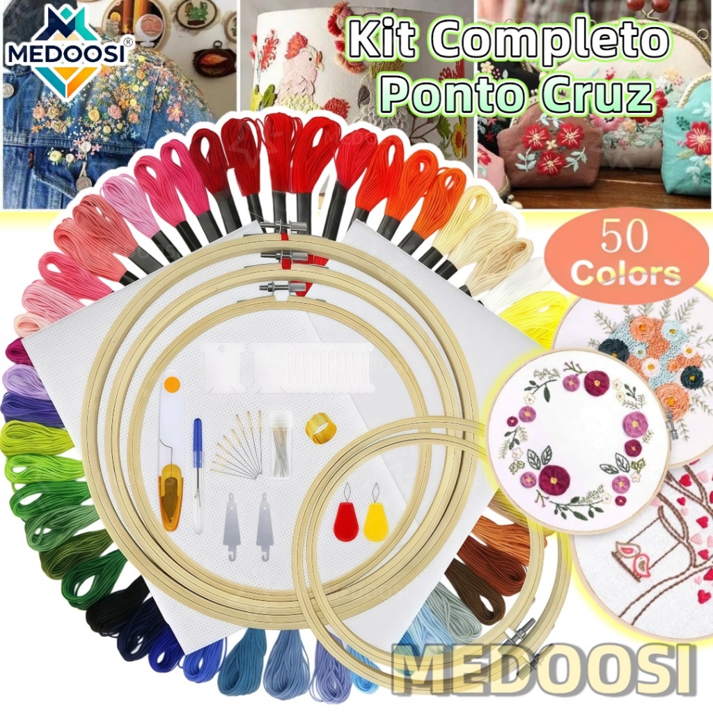 Kit Bordado Ponto Cruz Completo - 5 Bastidores + 50 Linhas para Iniciantes com Bastidores Agulhas, Tesoura e Acessórios