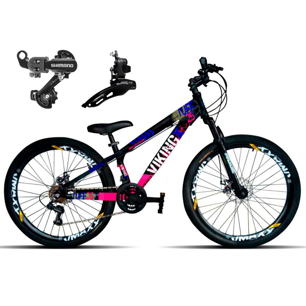 Bike VikingX Tuff 25 Câmbios Shimano Aro 26 com Freios a Disco 21v Aros Vmaxx Bicicleta Suspensão Grau