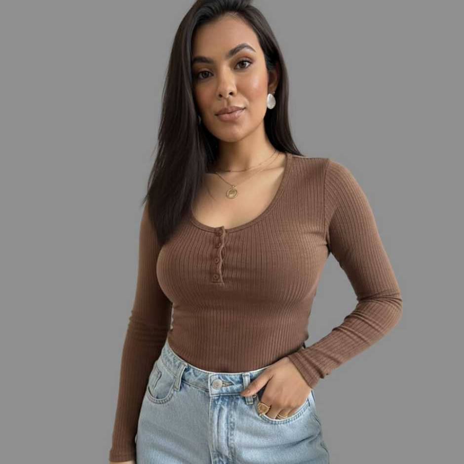 Blusa Básica Feminina Frio Canelada Toque Macio Suéter Feminino Manga Comprida  Com Botões