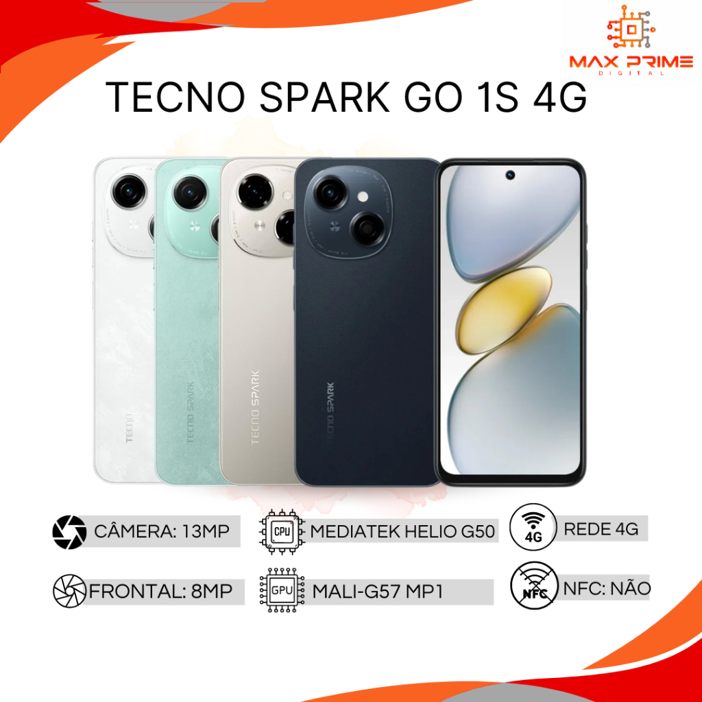 Tecno Spark Go 1S 4G Modelo Atualizado 2026, 64GB e 3GB RAM, e Spark Go 1, Bateria 5000MAH, VERSÃO GLOBAL