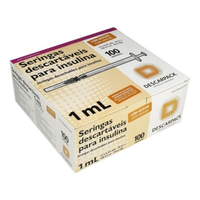 kit com 50 Seringa Descartável de Insulina 1ML c/ agulha 13x4,5 (Agulha removível 26G)