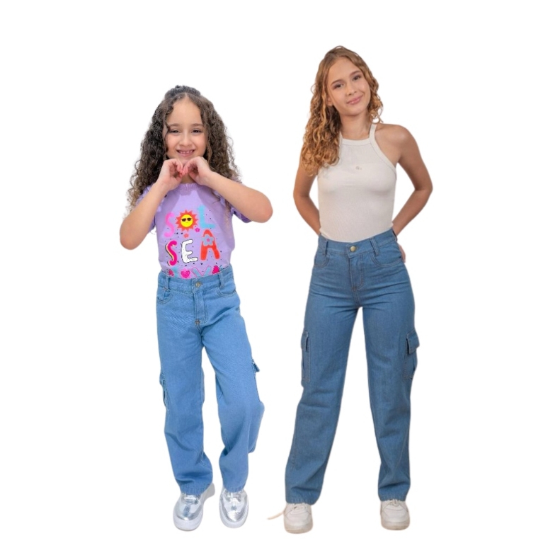 Calça Cargo bolso normal estilosa jeans 100% Ajuste interno com elastico infanto e juvenil