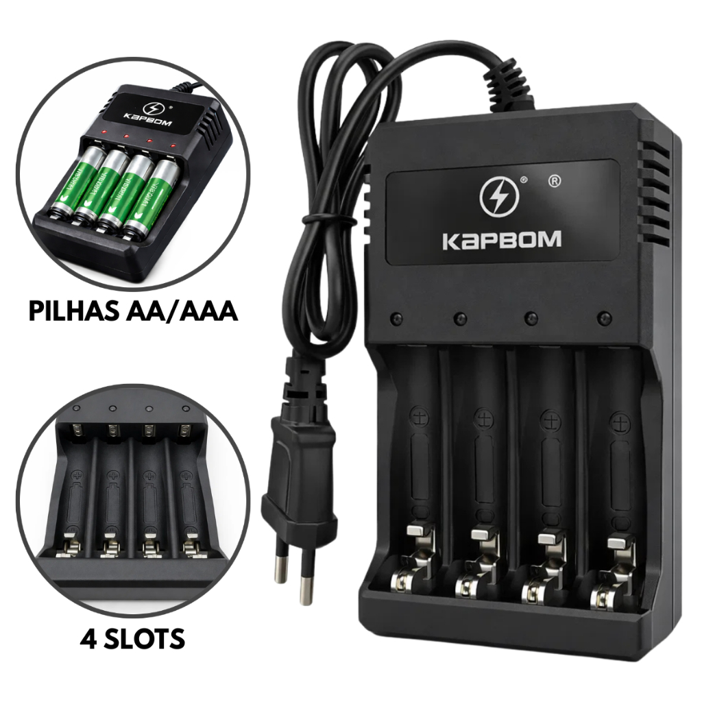 Carregador de Pilhas Bivolt Palito AAA e AA Original Kapbom