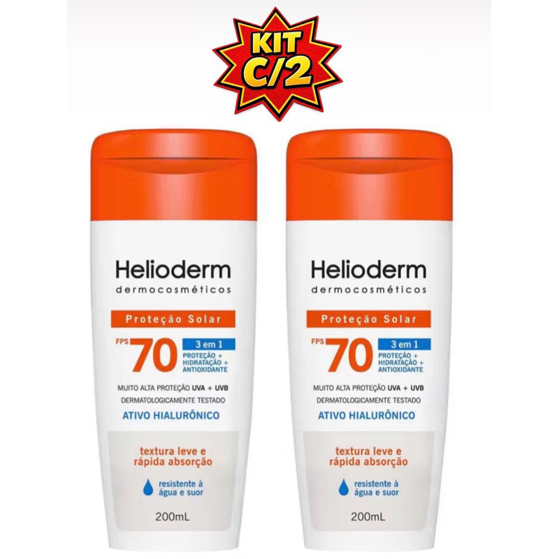 Protetor Solar Helioderm FPS 70 200ml - Proteção Prolongada e Hidratação Intensa - Kit c/2 ou 1