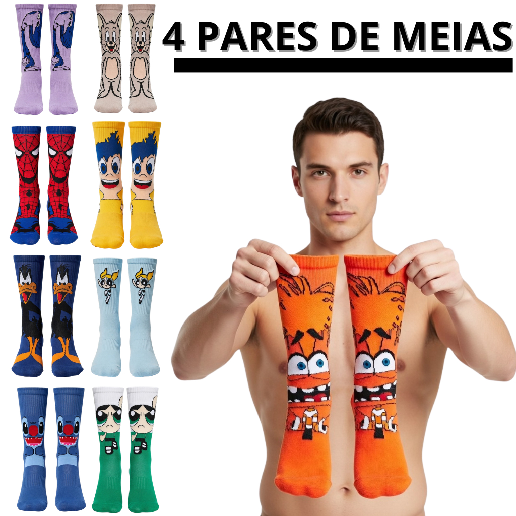 Kit 4 Pares de Meias | PERSONAGENS | Unissex – Confortáveis e Estilosas para Adultos