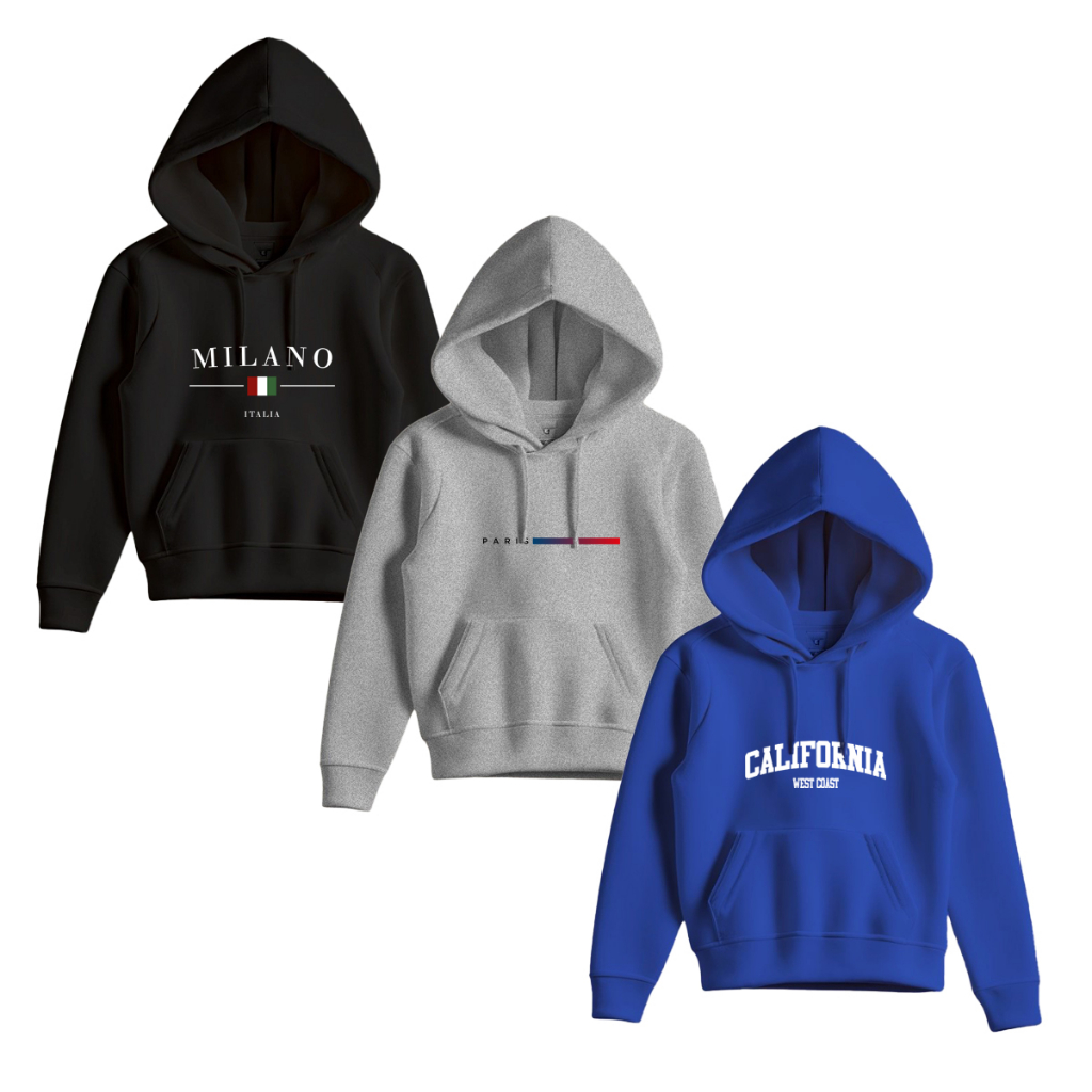 Kit 3 Blusa Moletom Infantil Milano Paris California Canguru Várias Cores Casual Inverno