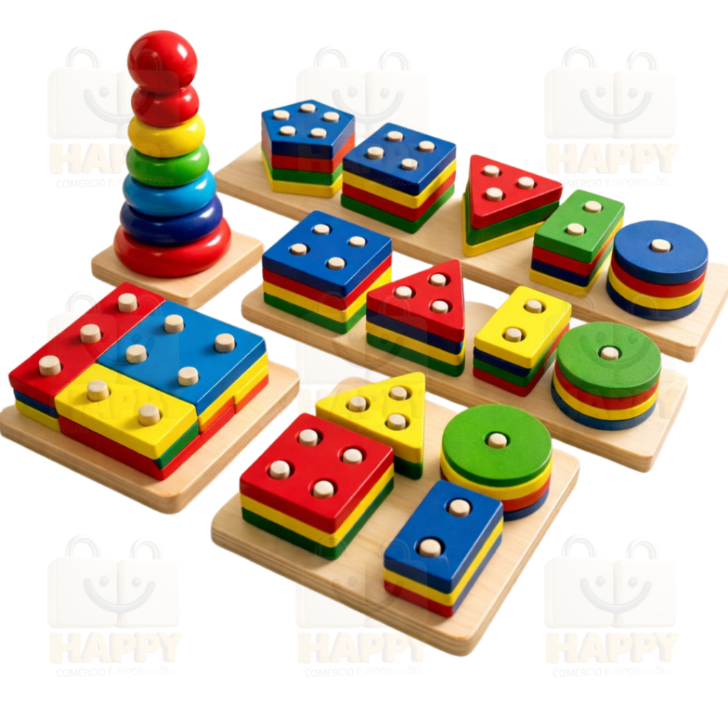 Brinquedo Educativo Infantil de Madeira MDF Encaixe Didático Formas Coloridas