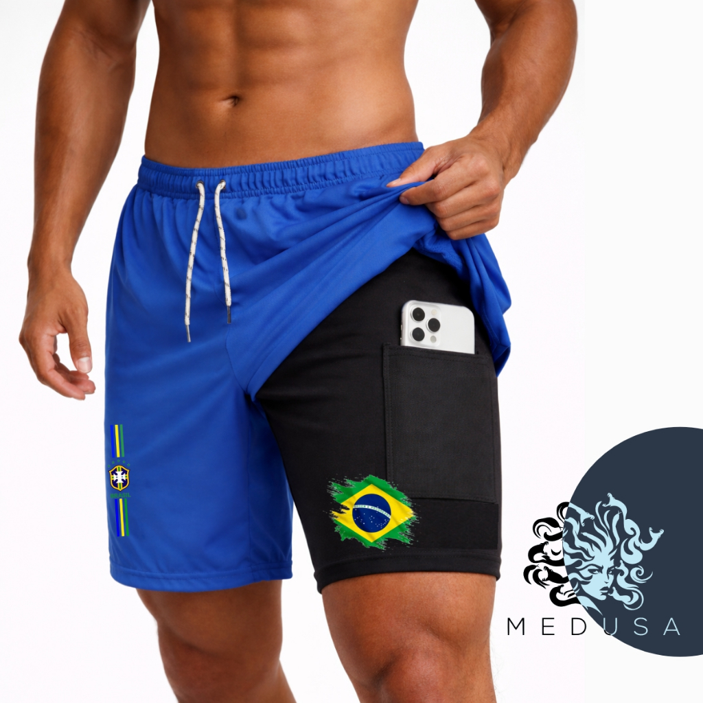 Bermuda Compressão 2em1 BRASIL 02  Masculina DryFit + Elastano Ideal Academia Corrida Bike Crossfit