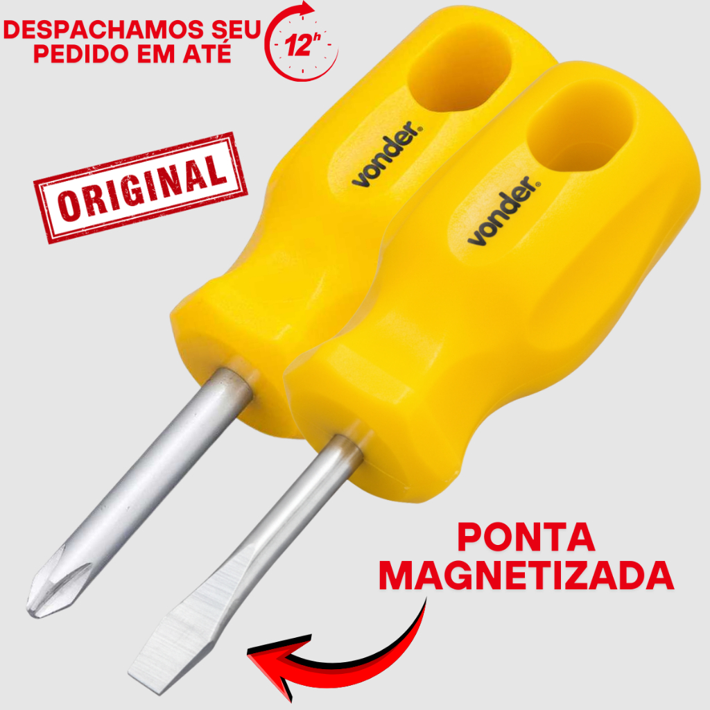 Kit Jogo Chave Fenda E Phillips Toco/Pequena/Curta Vonder Original Profissional com Ponta Magnética
