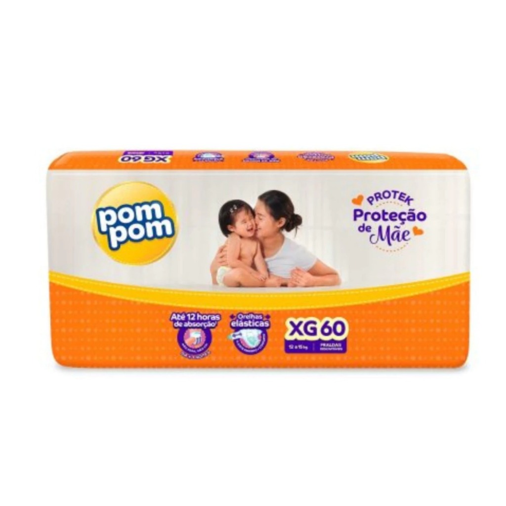 Fralda PomPom Derma Protek Hiper | Tamanho XG | 60 Unidades | 12 a 15kg | Alta Absorção Até 12h