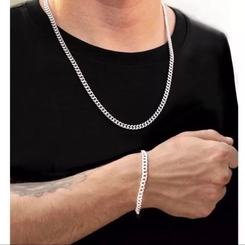 Kit Conjunto Corrente + pulseira cordão Masculino 60cm 1×1 Aço Inox Prata
