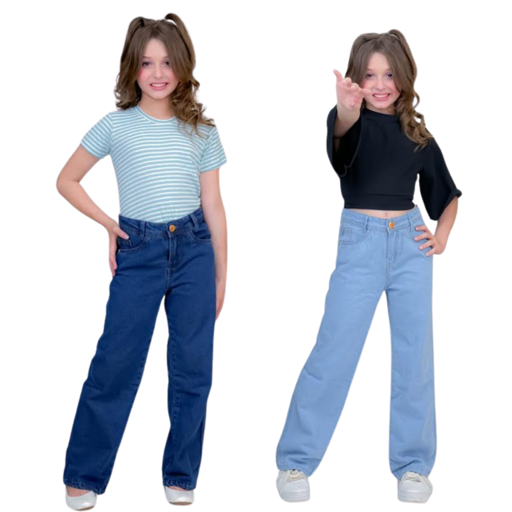 Calça Jeans Wide Leg Infantil Feminina Juvenil Blogueira Premium