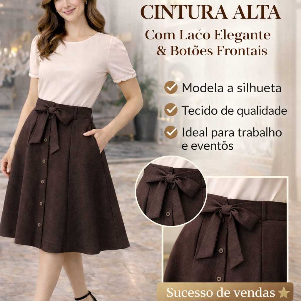 Saia Midi Feminina Evasê Cintura Alta com Bolso e Botões | Saia Evangélica Social Elegante Forrada com Zíper Lateral