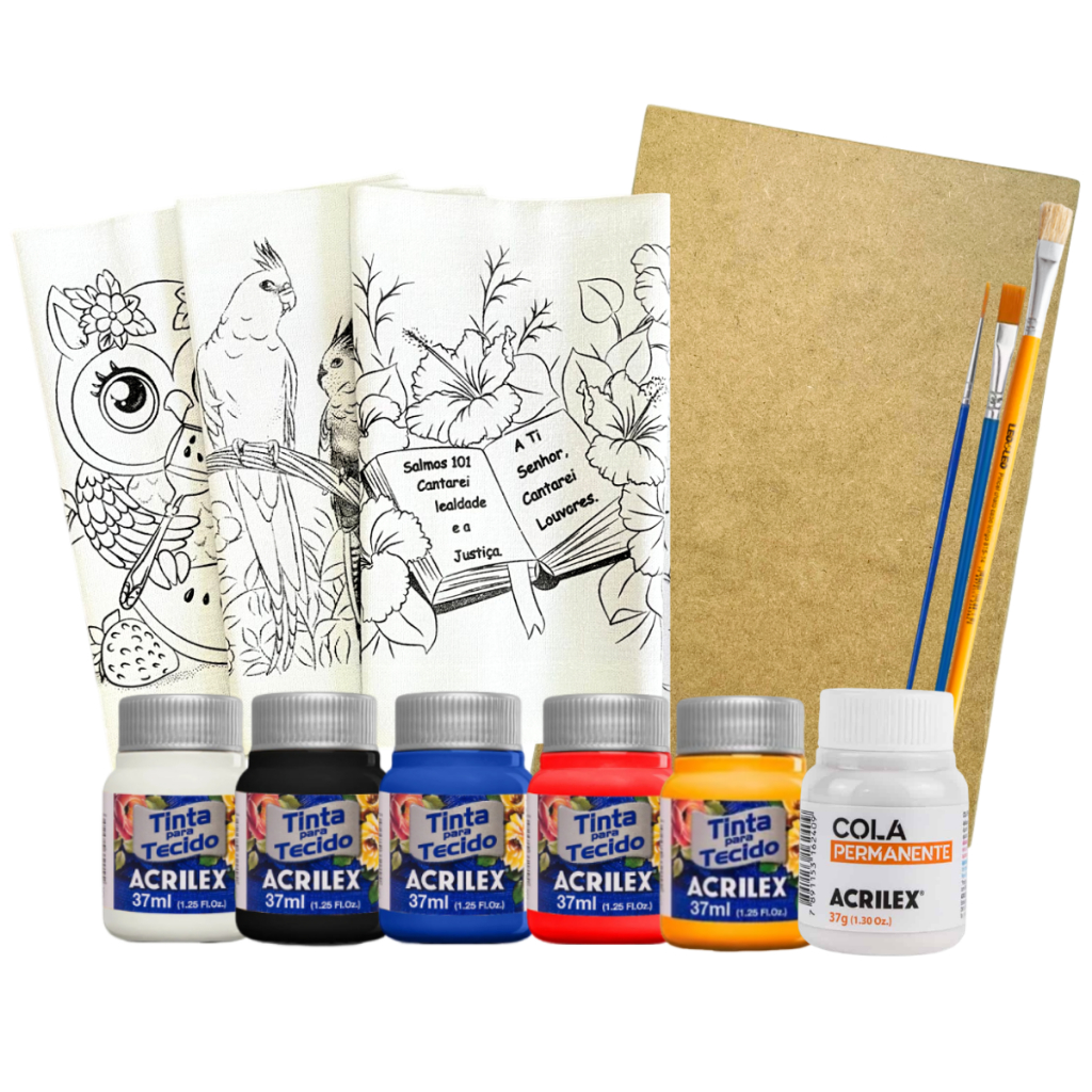 Kit Básico Iniciante Pintura Pano De Prato Tinta Tecido Acrilex Pinceis e Cola