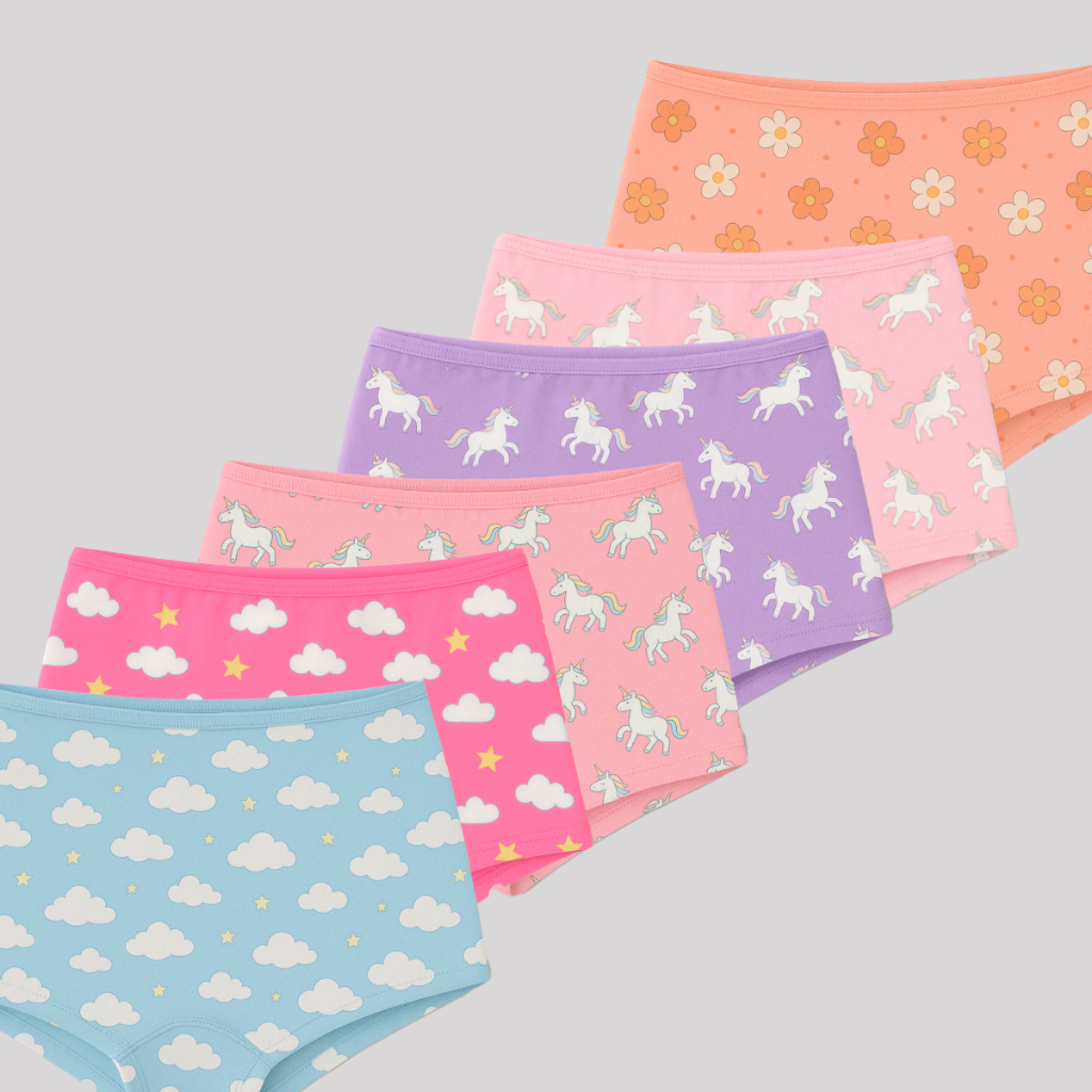 Kit 6 Calcinhas Shortinho Infatil Box Para Meninas Tecido de Algodão Confortável Estampas Sortidas